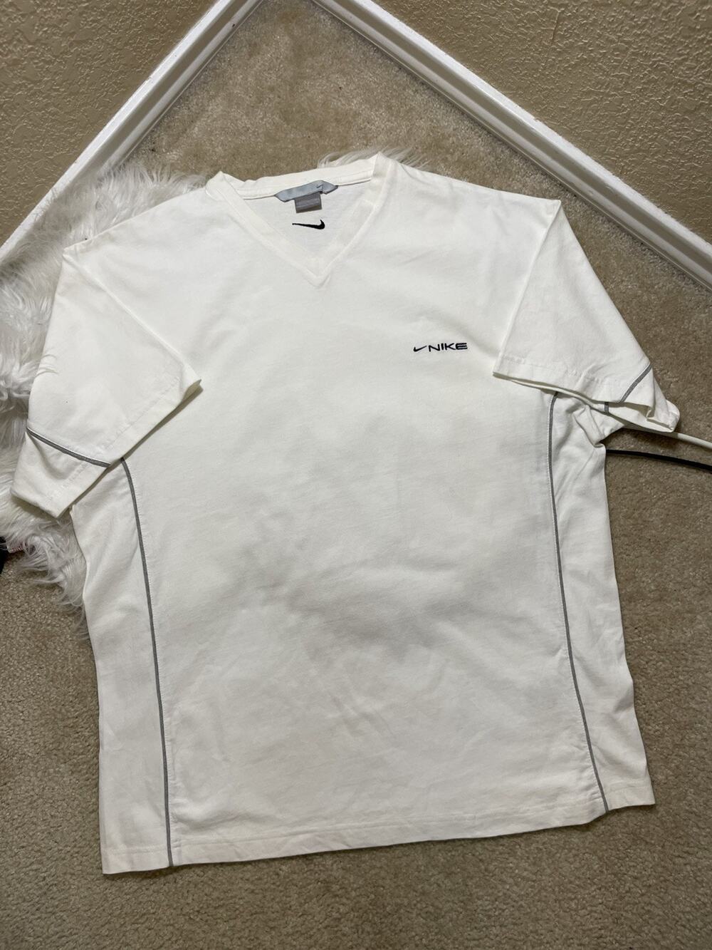 Vintage 90s Nike V Neck Shirt Mens XL White Cotton Black Back Swoosh